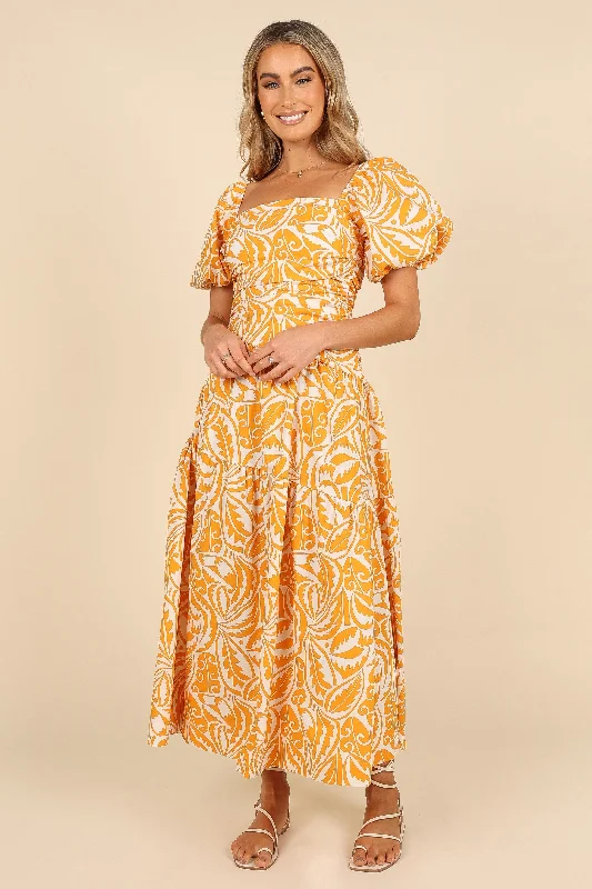 Affordable Luxury Women's Garments Special Offer Gaylia Puff Sleeve Midi Dress - White/Orange Affordable Luxury Women's Garments Special Offer Gaylia Puff Sleeve Midi Dress - White/Orange