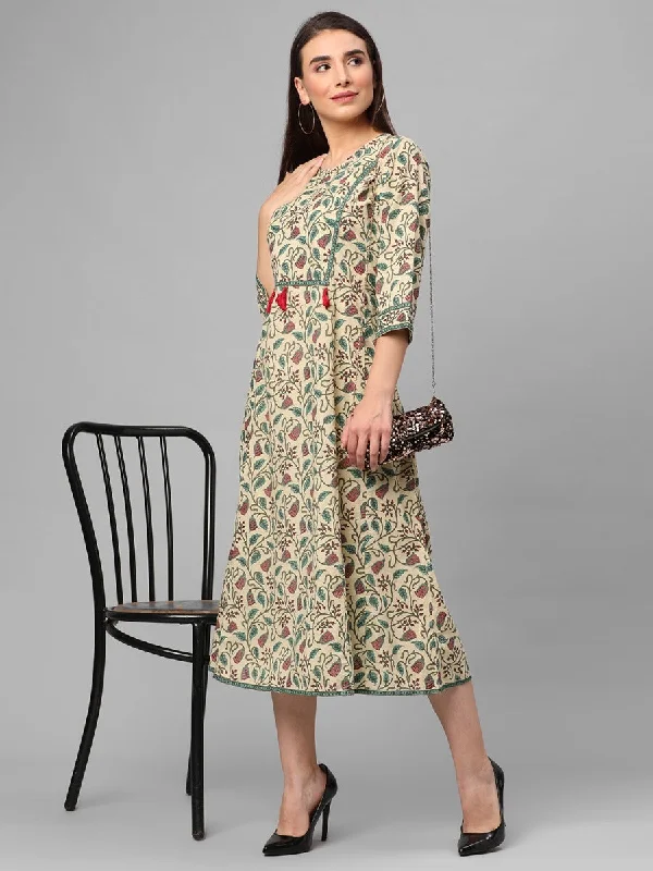 Women's Office Outfit Casual Chic Beige Multi Floral Printed Dress