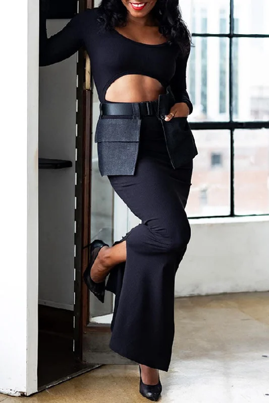 Women's Apparel Luxury Comfort Solid Color Cutout Unique Side Slit Maxi Dress (With Belt Bag) Women's Apparel Luxury Comfort Solid Color Cutout Unique Side Slit Maxi Dress (With Belt Bag)