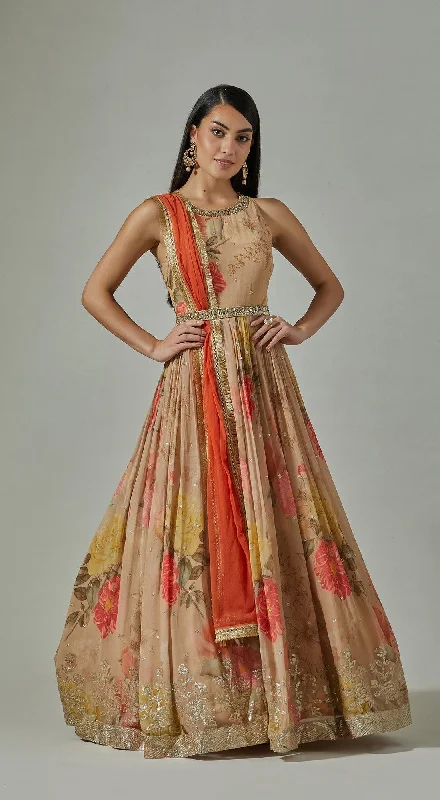 Women's Travel Attire Modern Glamour Beige Floral Print Anarkali