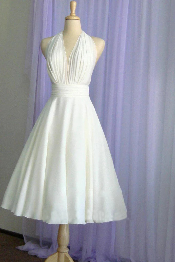 Women's Luxury Attire Seize Bargains Halter Tea Length A Line Backless Chiffon with Pleated Bodice Wedding Dresses Women's Luxury Attire Seize Bargains Halter Tea Length A Line Backless Chiffon with Pleated Bodice Wedding Dresses