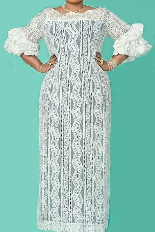 Women's Attire Day-To-Night Styles Patchwork Lace Stunning Trumpet Sleeve Maxi Dress Women's Attire Day-To-Night Styles Patchwork Lace Stunning Trumpet Sleeve Maxi Dress