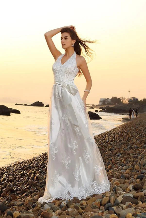 Women's Chic Outerwear Outfit Casual Chic Princess A-Line Halter Belt Sleeveless Long Lace Sweetheart Beach Wedding Dresses