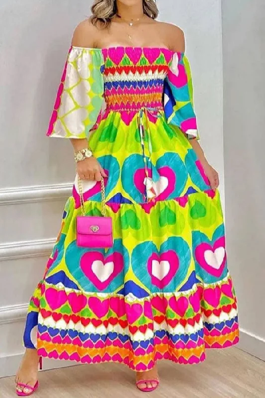Women's Evening Clothing Chic Outfits Colorful Heart Print Off Shoulder Tiered Maxi Dress Women's Evening Clothing Chic Outfits Colorful Heart Print Off Shoulder Tiered Maxi Dress