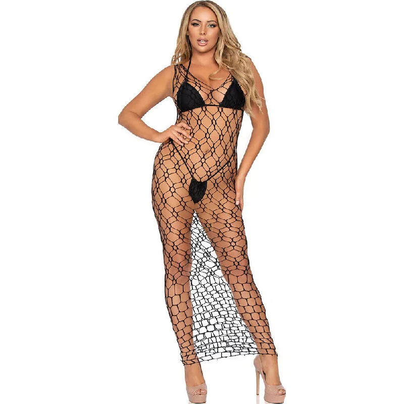 Chic Women's Garments Luxury Style Leg Avenue Hexi Net Maxi Dress Black UK 8 to 14