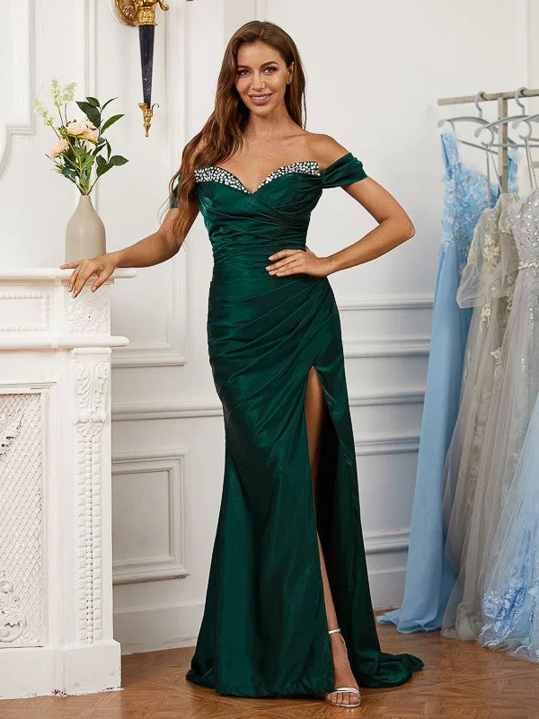 Women's Contemporary Apparel Stylish Savings Sheath/Column Silk like Satin Ruched Off-the-Shoulder Sleeveless Sweep/Brush Train Dresses Women's Contemporary Apparel Stylish Savings Sheath/Column Silk like Satin Ruched Off-the-Shoulder Sleeveless Sweep/Brush Train Dresses