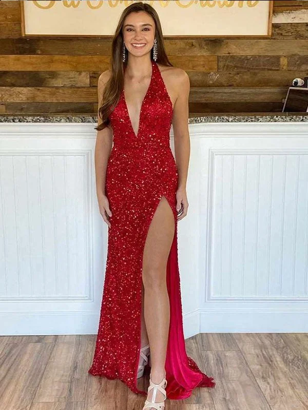 Women's Sporty Chic Clothes Comfortable Chic Sheath/Column Sequins Halter Sleeveless Sweep/Brush Train Dresses Women's Sporty Chic Clothes Comfortable Chic Sheath/Column Sequins Halter Sleeveless Sweep/Brush Train Dresses