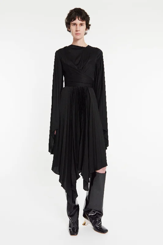 Sustainable Fashion Clothing For Women Boho - Chic Festival - Ready Style Wrap Around Midi Dress With Pleated Skirt & Sleeves Black Sustainable Fashion Clothing For Women Boho - Chic Festival - Ready Style Wrap Around Midi Dress With Pleated Skirt & Sleeves Black
