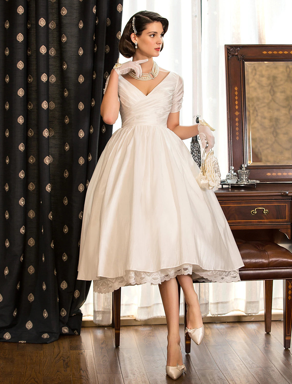 Women's Professional Apparel Vintage Look Reception Wedding Dresses Vintage 1940s / 1950s Little White Dresses A-Line V Neck Short Sleeve Tea Length Satin Bridal Gowns With Lace Criss Cross Summer Fall Wedding Party Women's Clothing Women's Professional Apparel Vintage Look Reception Wedding Dresses Vintage 1940s / 1950s Little White Dresses A-Line V Neck Short Sleeve Tea Length Satin Bridal Gowns With Lace Criss Cross Summer Fall Wedding Party Women's Clothing