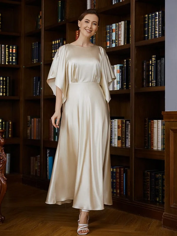Women's Trendy Casual Clothes All Season Basics Discount A-Line/Princess Silk like Satin Ruched Scoop 1/2 Sleeves Ankle-Length Mother of the Bride Dresses