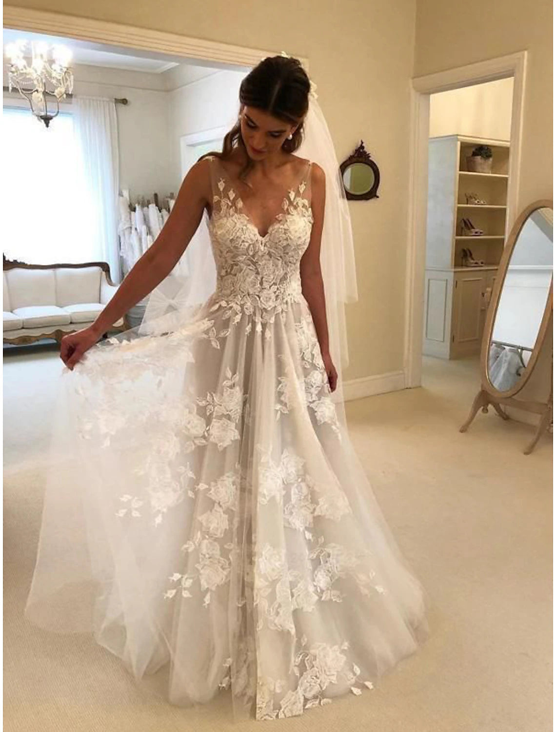 Women's Clothes Classic Appeal Beach Boho Wedding Dresses A-Line V Neck Sleeveless Sweep / Brush Train Lace Bridal Gowns With Appliques Summer Fall Wedding Party Women‘s Clothing Women's Clothes Classic Appeal Beach Boho Wedding Dresses A-Line V Neck Sleeveless Sweep / Brush Train Lace Bridal Gowns With Appliques Summer Fall Wedding Party Women‘s Clothing