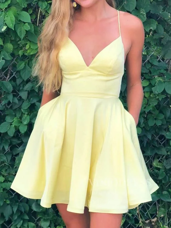 Women's Vintage Attire Minimalist Office - Ready Style Spaghetti Strap Yellow Satin Homecoming Dresses with Pockets S3170 Women's Vintage Attire Minimalist Office - Ready Style Spaghetti Strap Yellow Satin Homecoming Dresses with Pockets S3170