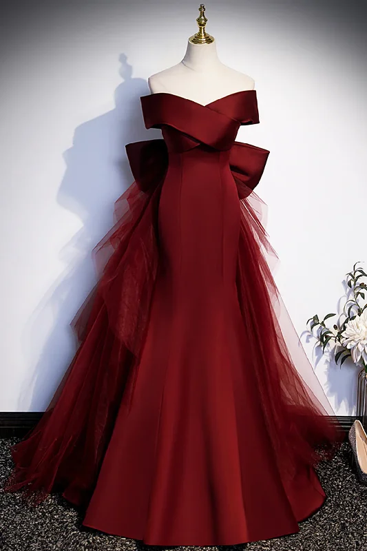 Women's Clothes For Outdoor Events Inspired By You, Designed For You Burgundy V-Neck Satin Long Prom Dress, Mermaid Off Shoulder Evening Dress with Bow S2575 Women's Clothes For Outdoor Events Inspired By You, Designed For You Burgundy V-Neck Satin Long Prom Dress, Mermaid Off Shoulder Evening Dress with Bow S2575