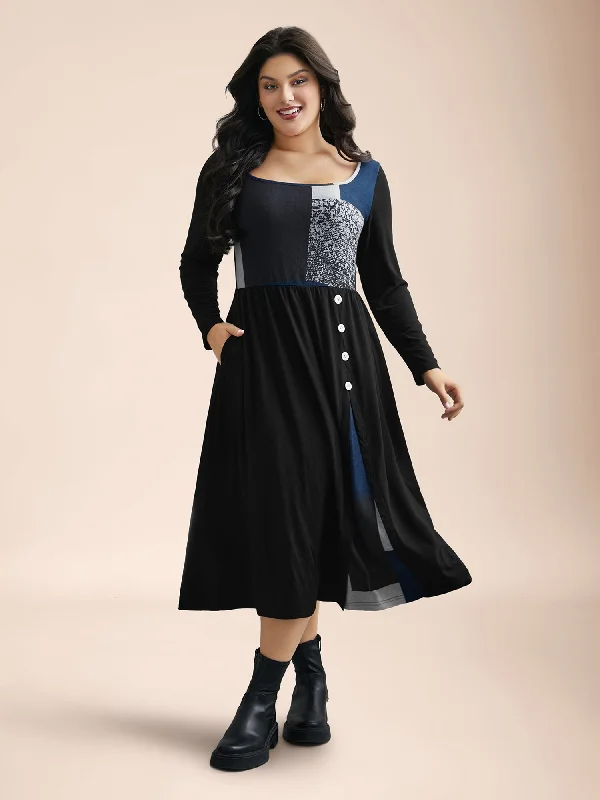 Women's Professional Attire Spring Wardrobe Geometric Color-Block Stretchy Waist Midi Dress Women's Professional Attire Spring Wardrobe Geometric Color-Block Stretchy Waist Midi Dress