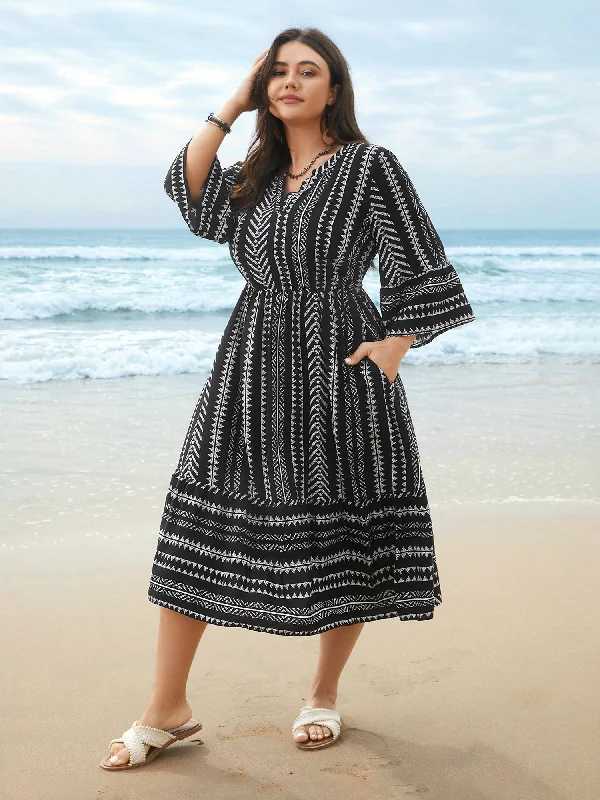 Modern Women's Attire Trend Alert Geo Print Stretchy-Waist Tiered Skirt Midi Dress