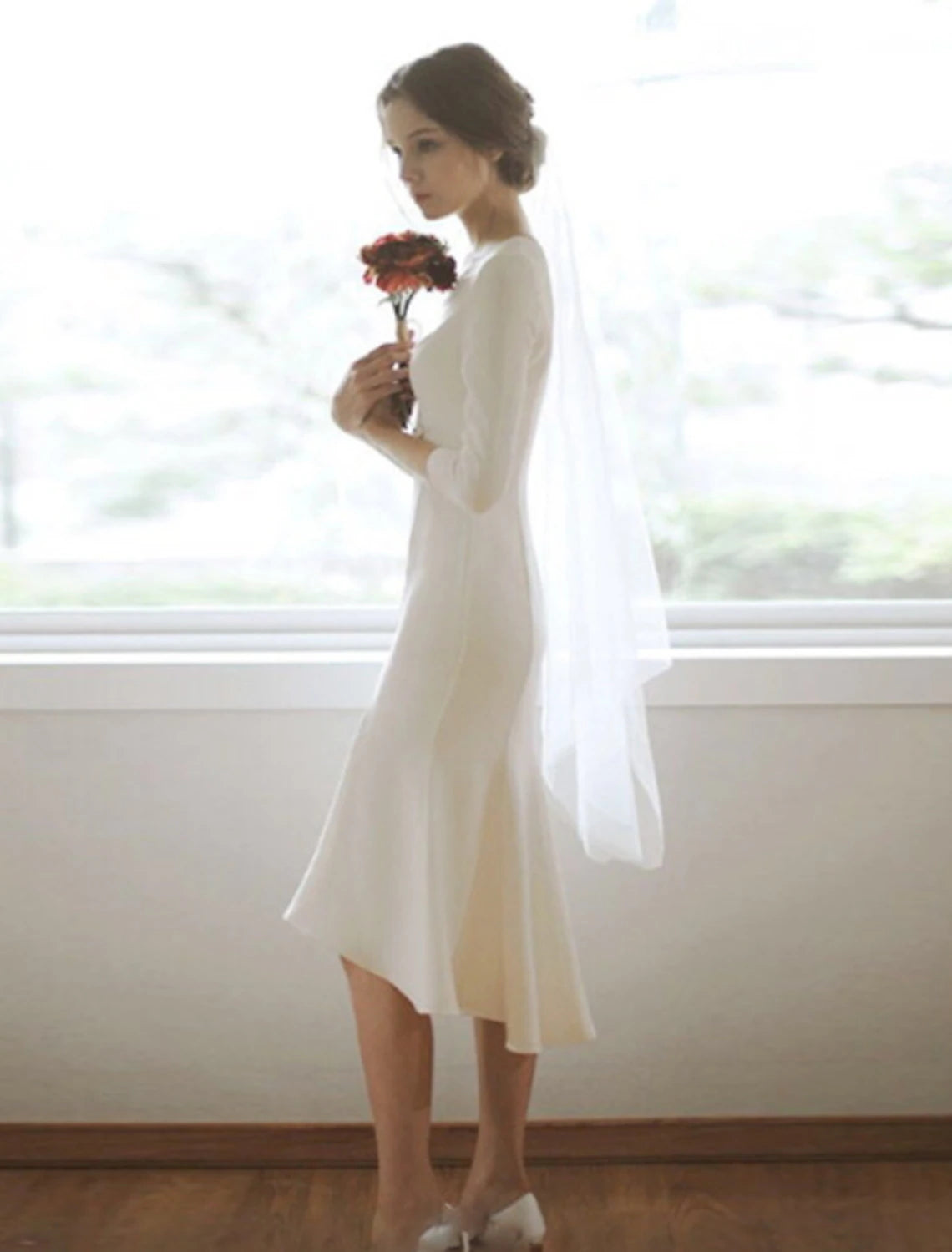 Women's Evening Garments Budget-Friendly Fashion Reception Little White Dresses Wedding Dresses Mermaid / Trumpet V Neck 3/4 Length Sleeve Asymmetrical Satin Bridal Gowns Women's Evening Garments Budget-Friendly Fashion Reception Little White Dresses Wedding Dresses Mermaid / Trumpet V Neck 3/4 Length Sleeve Asymmetrical Satin Bridal Gowns