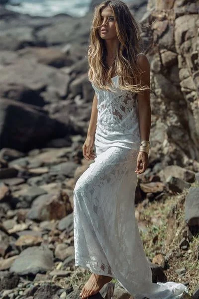 Women's Resort Garments Special Offers Long Simple A-Line Sheath Spaghetti Straps Backless Sweetheart Lace Beach Wedding Dresses Women's Resort Garments Special Offers Long Simple A-Line Sheath Spaghetti Straps Backless Sweetheart Lace Beach Wedding Dresses