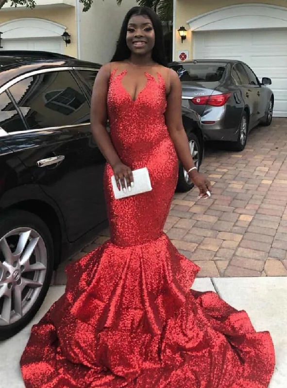 Women's Seasonal Clothing Artful Design Glamorous Red Mermaid Sequin Sheer Illusion Sleeveless Long Prom Dress S3827 Women's Seasonal Clothing Artful Design Glamorous Red Mermaid Sequin Sheer Illusion Sleeveless Long Prom Dress S3827