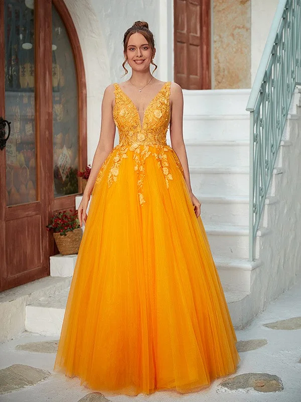 Women's Everyday Attire Spring Wardrobe A-Line/Princess Tulle Applique V-neck Sleeveless Floor-Length Dresses