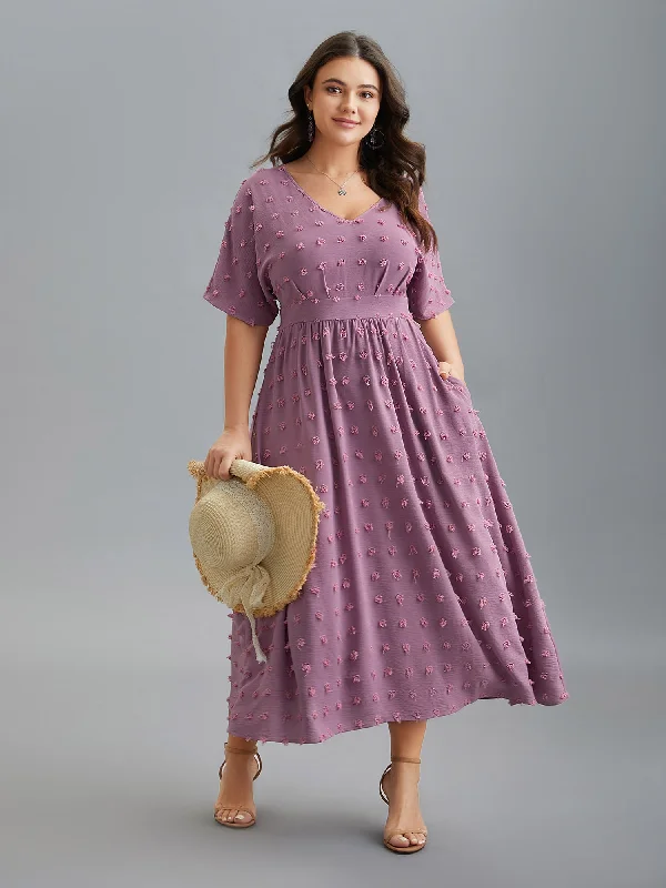 Women's Tailored Outfit Anniversary Sale V-Neck Textured Batwing Sleeve Midi Dress