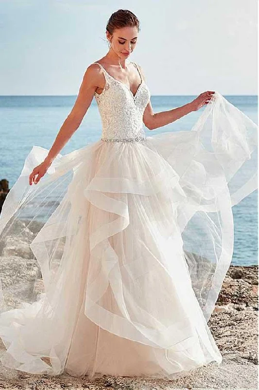 Stylish Women's Outfit Special Offer Spaghetti Straps Neckline Backless V-Neck Tulle A-Line Wedding Dresses With Beaded Stylish Women's Outfit Special Offer Spaghetti Straps Neckline Backless V-Neck Tulle A-Line Wedding Dresses With Beaded