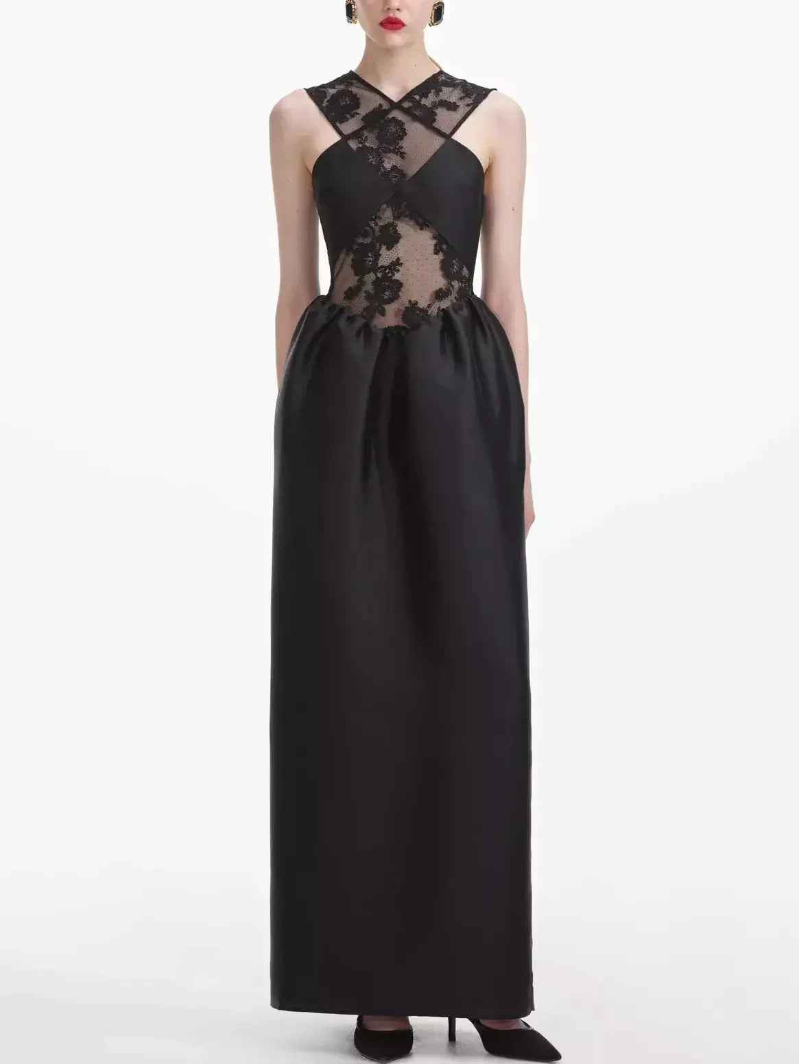 Vintage-Inspired Garments Effortless Comfort Black Lace Taffeta Cross-Front Maxi Dress