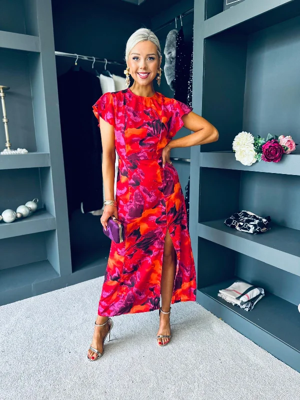 Women's Relaxed Outfit Flash Deals Gillian Abstract Print Flutter Sleeve Midi Dress Purple & Orange Women's Relaxed Outfit Flash Deals Gillian Abstract Print Flutter Sleeve Midi Dress Purple & Orange