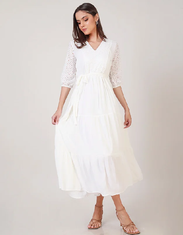 Women's High-Fashion Clothes Lighten Up With Nordic Styles Off White Tiered Maxi Dress with V-Neck Women's High-Fashion Clothes Lighten Up With Nordic Styles Off White Tiered Maxi Dress with V-Neck
