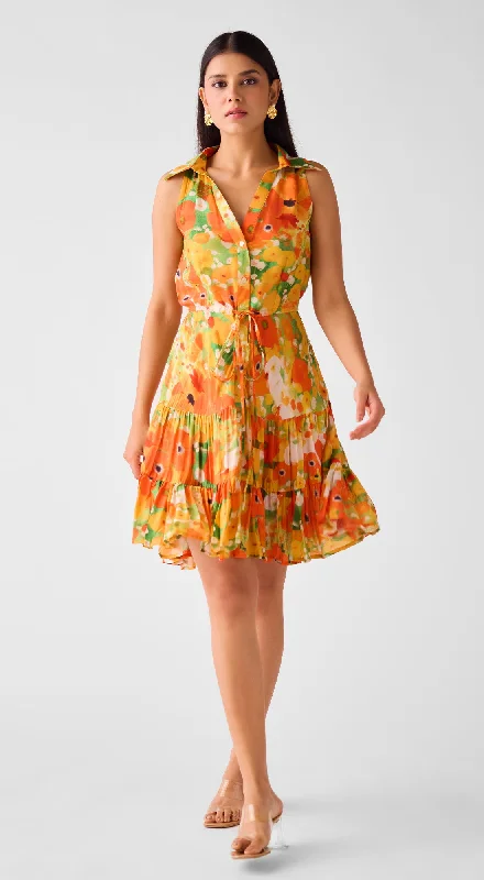 Elegant Women's Attire Summer Fashion Orange Muslin Floral Dress