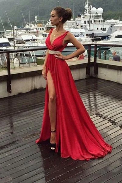 Women's Evening Garments Mid - Season Sale A-Line Red Simple With Slip Side Satin Chiffon Charming Deep V-Neck Sleeveless Prom Dresses Women's Evening Garments Mid - Season Sale A-Line Red Simple With Slip Side Satin Chiffon Charming Deep V-Neck Sleeveless Prom Dresses