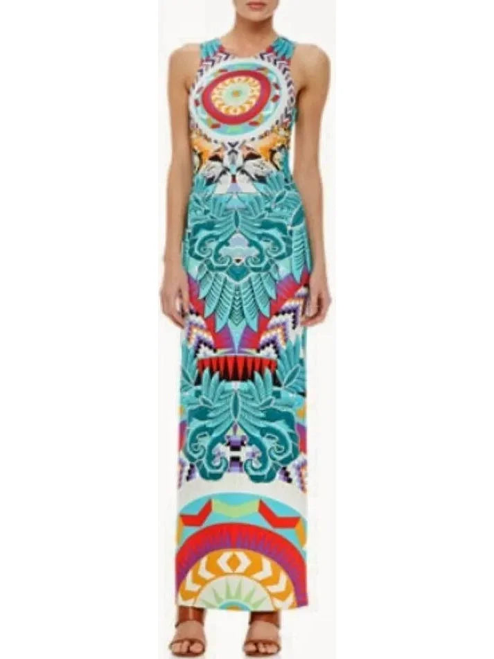 Women's Transitional Outfit Pastel Styles Sleeveless Abstract Printed Multicolor Jersey Maxi Dress Women's Transitional Outfit Pastel Styles Sleeveless Abstract Printed Multicolor Jersey Maxi Dress