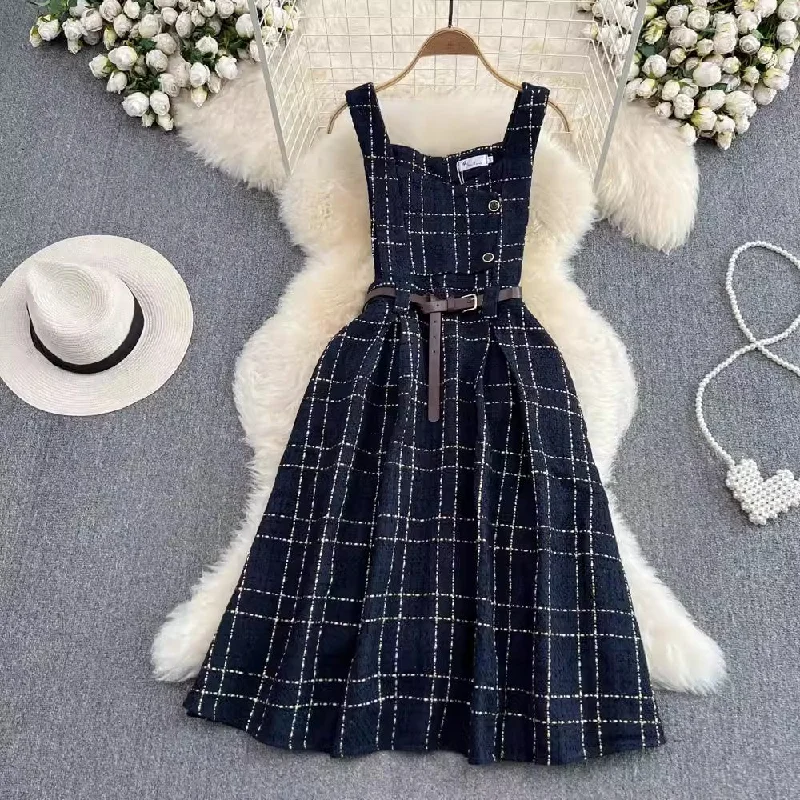 Women's Party Outfit Elegant Contour sleeveless a-line plaid dress for women     S4103