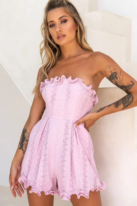 Women's Casual Clothing For Lounging Vintage Look Paris In Spring Bandeau Frill Trim Romper Blush Women's Casual Clothing For Lounging Vintage Look Paris In Spring Bandeau Frill Trim Romper Blush