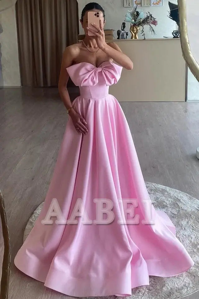 Women's Evening Outfit Chic And Trendy Evening Dress A-Line Strapless Bow Satin Pleated Long Prom Dress Sweep Train High Quality Formal Women's Dresses Women's Evening Outfit Chic And Trendy Evening Dress A-Line Strapless Bow Satin Pleated Long Prom Dress Sweep Train High Quality Formal Women's Dresses