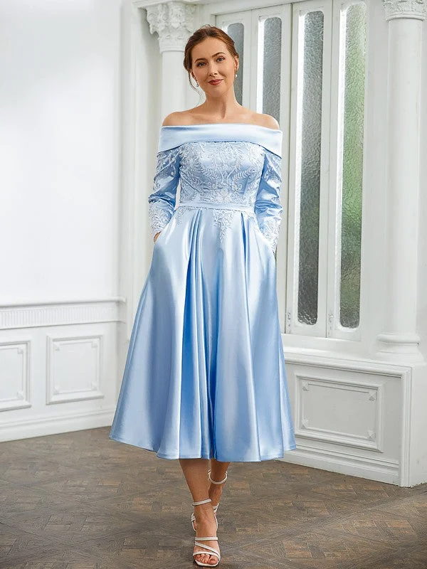 Casual Chic Women's Clothes Odd Size Clearance Sale A-Line/Princess Elastic Woven Satin Ruched Off-the-Shoulder Long Sleeves Tea-Length Mother of the Bride Dresses Casual Chic Women's Clothes Odd Size Clearance Sale A-Line/Princess Elastic Woven Satin Ruched Off-the-Shoulder Long Sleeves Tea-Length Mother of the Bride Dresses