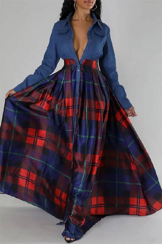 Timeless Women's Garments Artful Design Patchwork Plaid On-trend Single Breasted Maxi Dress Timeless Women's Garments Artful Design Patchwork Plaid On-trend Single Breasted Maxi Dress