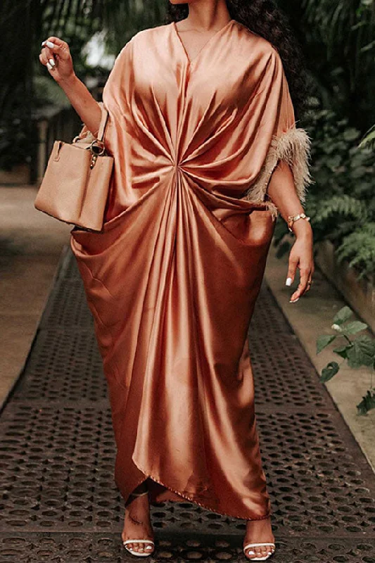 Women's Trendy Clothes Limited - Edition Drops Solid Color Feather Trim Striking Draped Maxi Dress Women's Trendy Clothes Limited - Edition Drops Solid Color Feather Trim Striking Draped Maxi Dress