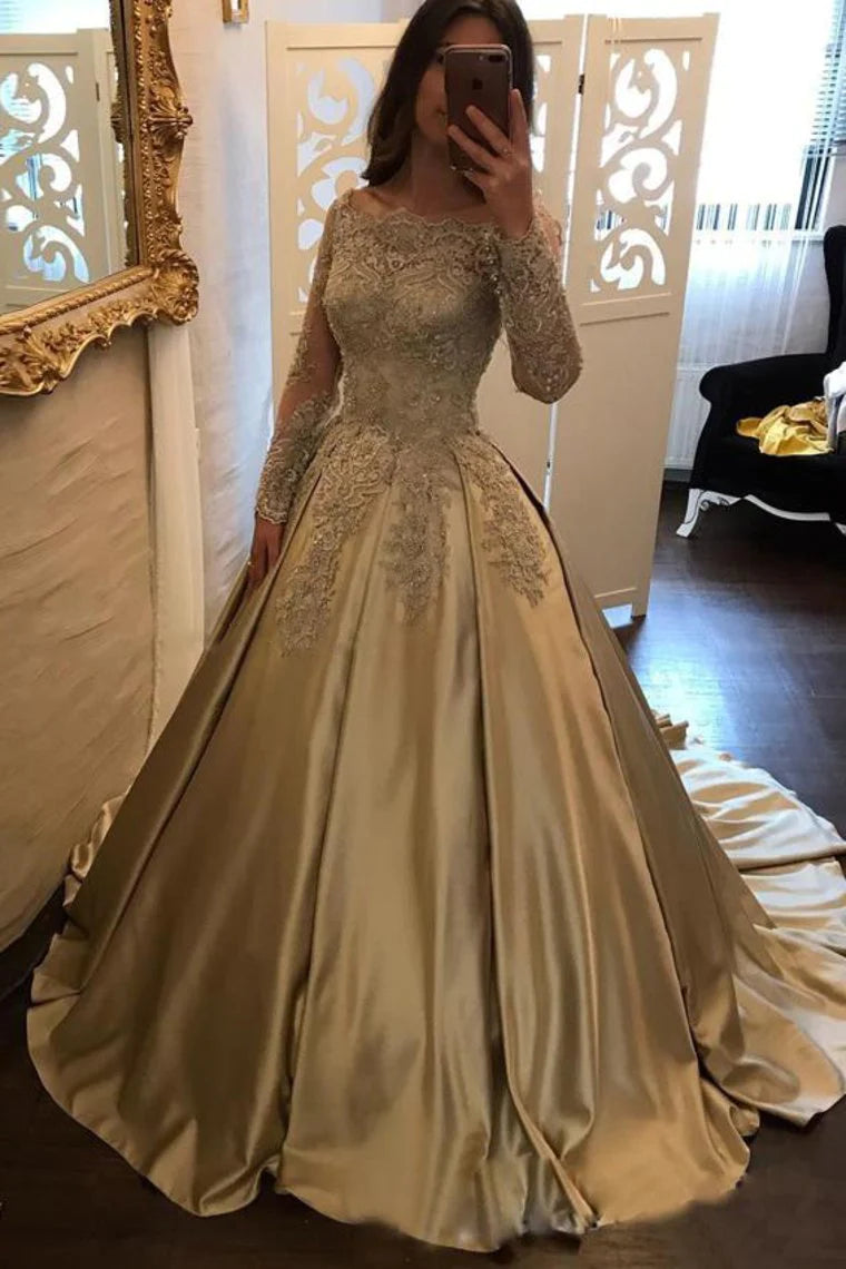 Women's Transitional Garments Lighten Up With Nordic Styles Off The Shoulder Long Sleeves Satin Ball Gown Prom Dresses With Applique Sweep Train Women's Transitional Garments Lighten Up With Nordic Styles Off The Shoulder Long Sleeves Satin Ball Gown Prom Dresses With Applique Sweep Train