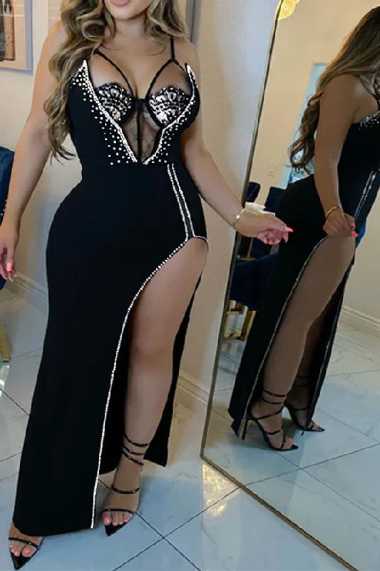 Women's Transitional Attire Women’S Urban Fashion Patchwork Rhinestone Flattering High Split Maxi Dress Women's Transitional Attire Women’S Urban Fashion Patchwork Rhinestone Flattering High Split Maxi Dress