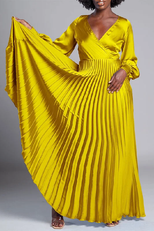 Women's Clothing For Casual Outings Spring Fashion Solid Color V Neck Urban Pleated Maxi Dress Women's Clothing For Casual Outings Spring Fashion Solid Color V Neck Urban Pleated Maxi Dress