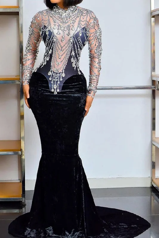 Women's Clothing Apparel Bold Patterns Patchwork Crystal Glitter Glamorous Fishtail Maxi Dress Women's Clothing Apparel Bold Patterns Patchwork Crystal Glitter Glamorous Fishtail Maxi Dress