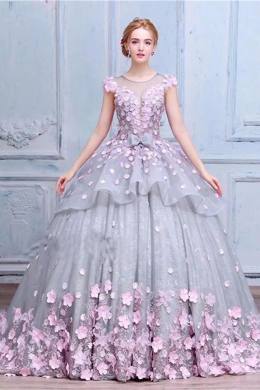 Women's Evening Attire Popular Collection Scoop Ball Gown Gray Tulle Sleeveless Bowknot Empire Waist Wedding Dress with Pink Flowers Women's Evening Attire Popular Collection Scoop Ball Gown Gray Tulle Sleeveless Bowknot Empire Waist Wedding Dress with Pink Flowers