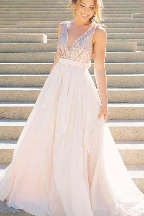 Women's Holiday Attire Limited Time Deal A Line Pink V Neck Sequins Simple Long Cheap Chiffon Backless Sleeveless Prom Dresses Women's Holiday Attire Limited Time Deal A Line Pink V Neck Sequins Simple Long Cheap Chiffon Backless Sleeveless Prom Dresses