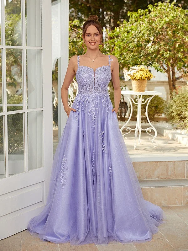 Women's Fashionable Attire For Work Fashion For Every Occasion A-Line/Princess Tulle Applique Straps Sleeveless Court Train Dresses Women's Fashionable Attire For Work Fashion For Every Occasion A-Line/Princess Tulle Applique Straps Sleeveless Court Train Dresses