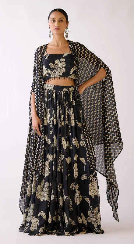 Women's Vintage Attire Graceful Cut Black Embroidered Floral Cape Set