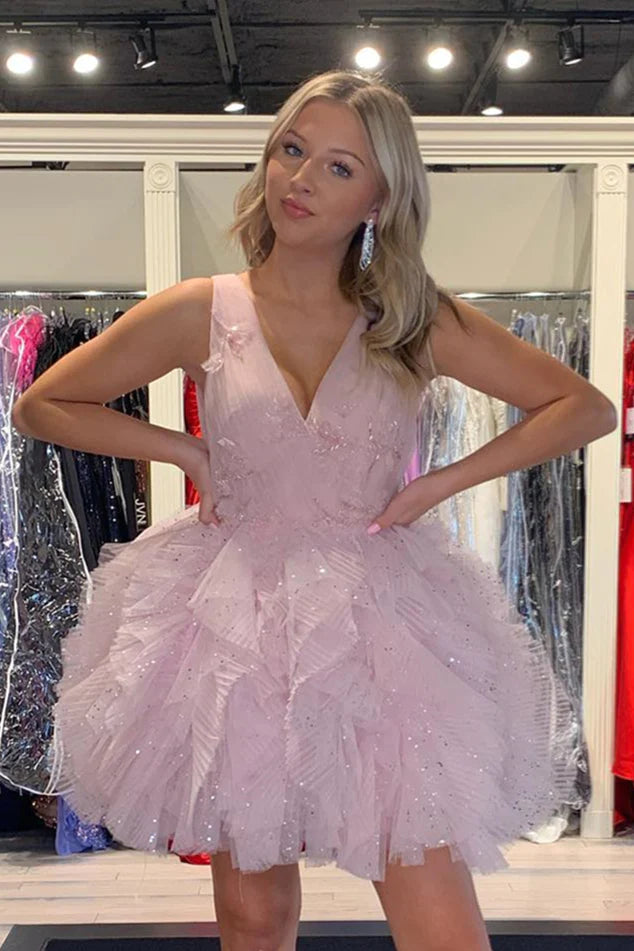 Women's Trendy Garments Trend Alert Pink V Neck Sleeveless Sequined Ruffles A-line Homecoming Dress S2856 Women's Trendy Garments Trend Alert Pink V Neck Sleeveless Sequined Ruffles A-line Homecoming Dress S2856