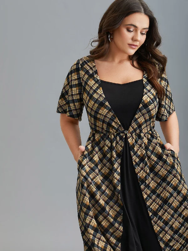 Women's Chic Outerwear Outfit Best-Sellers Plaid Color-Block Ruched Open Midi Dress