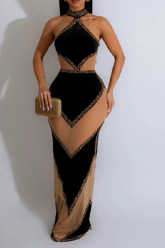 Women's Clothing Sets Mid - Season Sale Rhinestone Patchwork Kitsch See-Through Maxi Dress Women's Clothing Sets Mid - Season Sale Rhinestone Patchwork Kitsch See-Through Maxi Dress