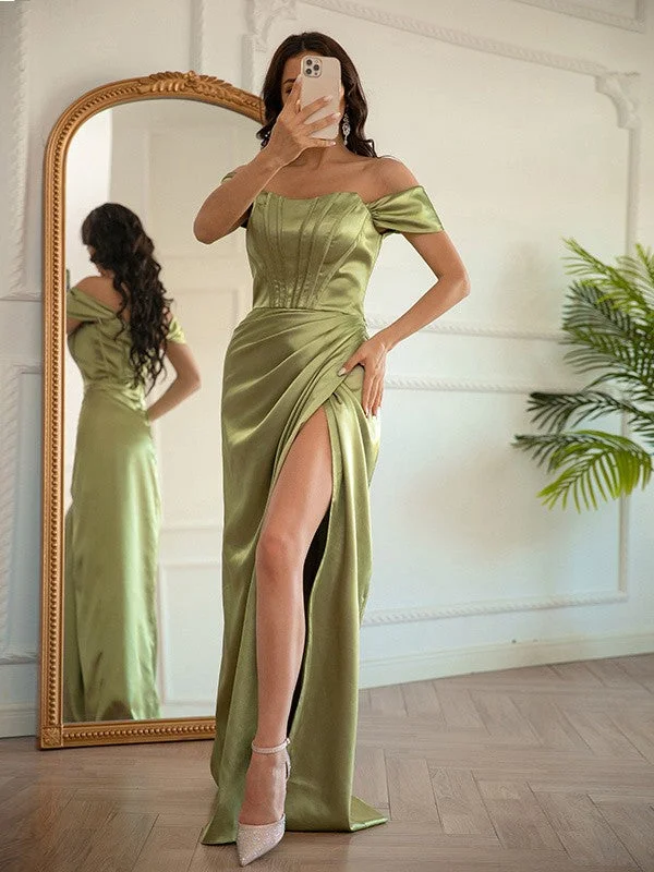 Women's Trendy Activewear Apparel Summer Fashion Sheath/Column Elastic Woven Satin Ruched Off-the-Shoulder Sleeveless Floor-Length Dresses Women's Trendy Activewear Apparel Summer Fashion Sheath/Column Elastic Woven Satin Ruched Off-the-Shoulder Sleeveless Floor-Length Dresses