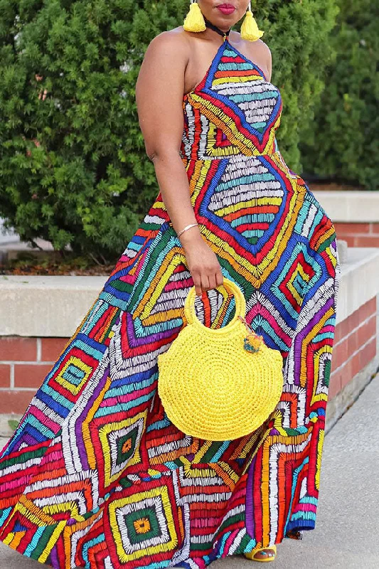 Women's Clothing For Holiday Travel Trend Alert Colorful Geometric Print Halter Collar Swing Maxi Dress Women's Clothing For Holiday Travel Trend Alert Colorful Geometric Print Halter Collar Swing Maxi Dress